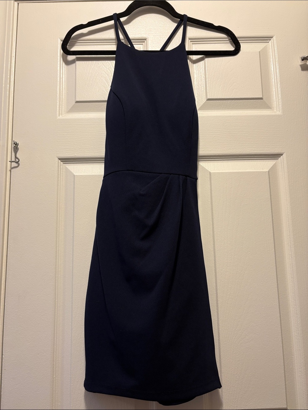 Navy Halter Sheath Dress - Women's Elegant Evening Dress with Lace on Back